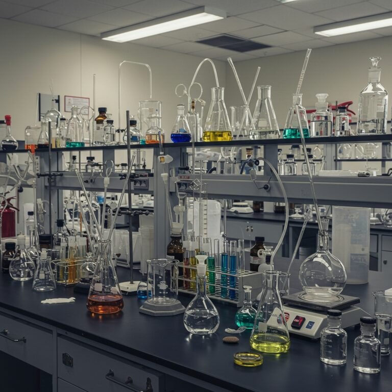 Laboratory Setup with Glassware and Colorful Solutions for Scientific Research