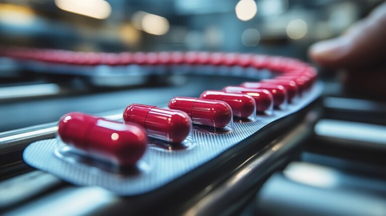 Production of purple pills in a pharmaceutical factory during a busy workday