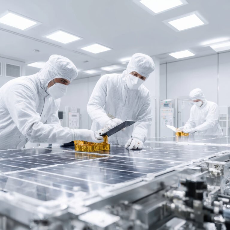 Professional engineer team focused on assembling satellite solar panel inside futuristic cleanroom, complex manufacturing process for advanced aerospace technology